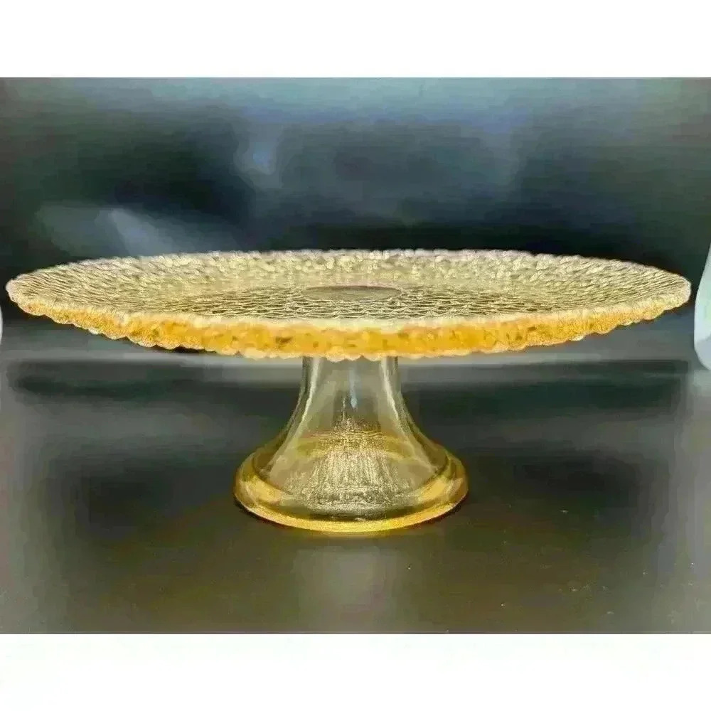 Vetropuro Gold Amber Glass 8 1/4” Diameter Pedestal Textured Dessert Stand Plate - Picture 2 of 9